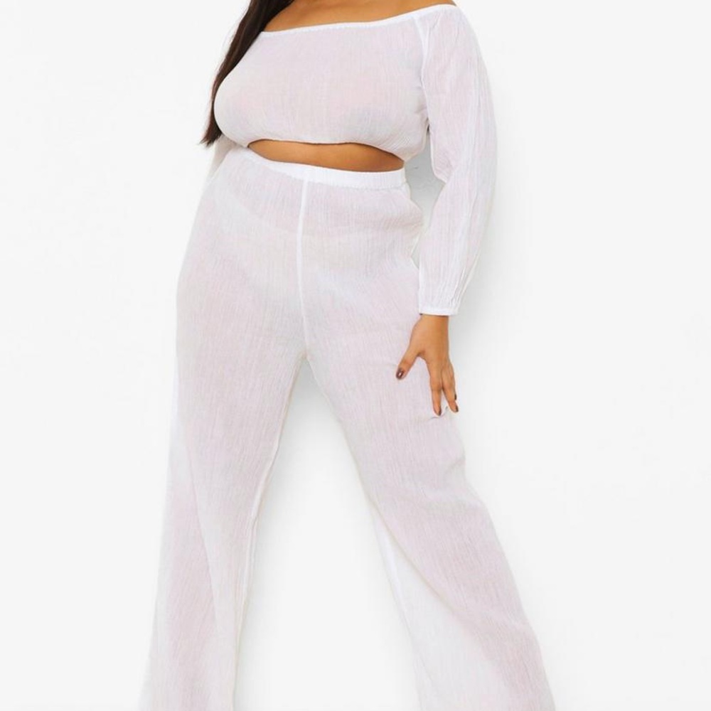 Plus Cheesecloth Off The Shoulder Crop Wide Leg Two-Piece